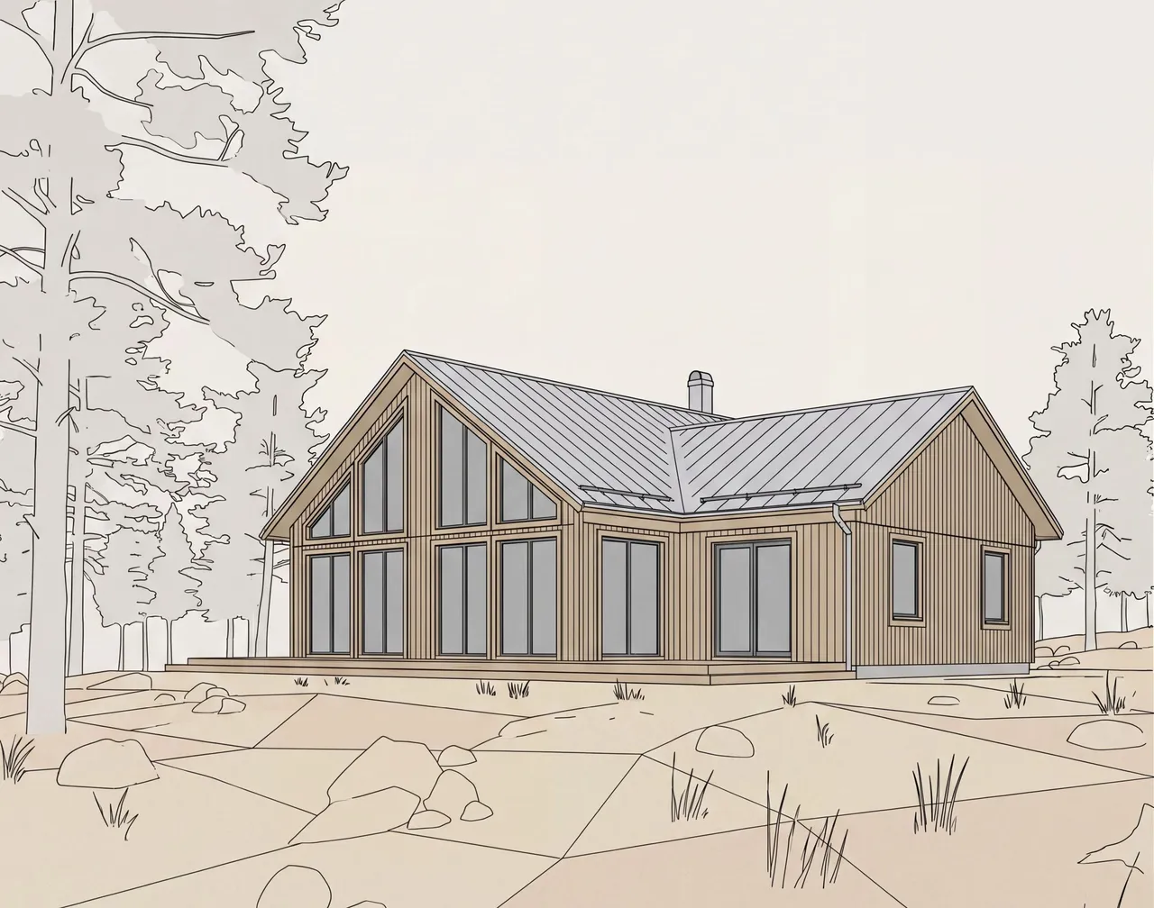A 3D model of a shingle cabin set up in a design application